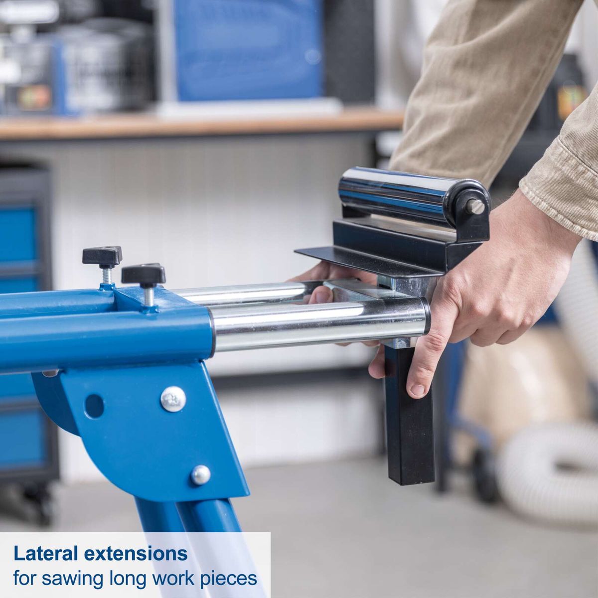 Lateral extensions for sawing long workpieces on the mitre saw stand