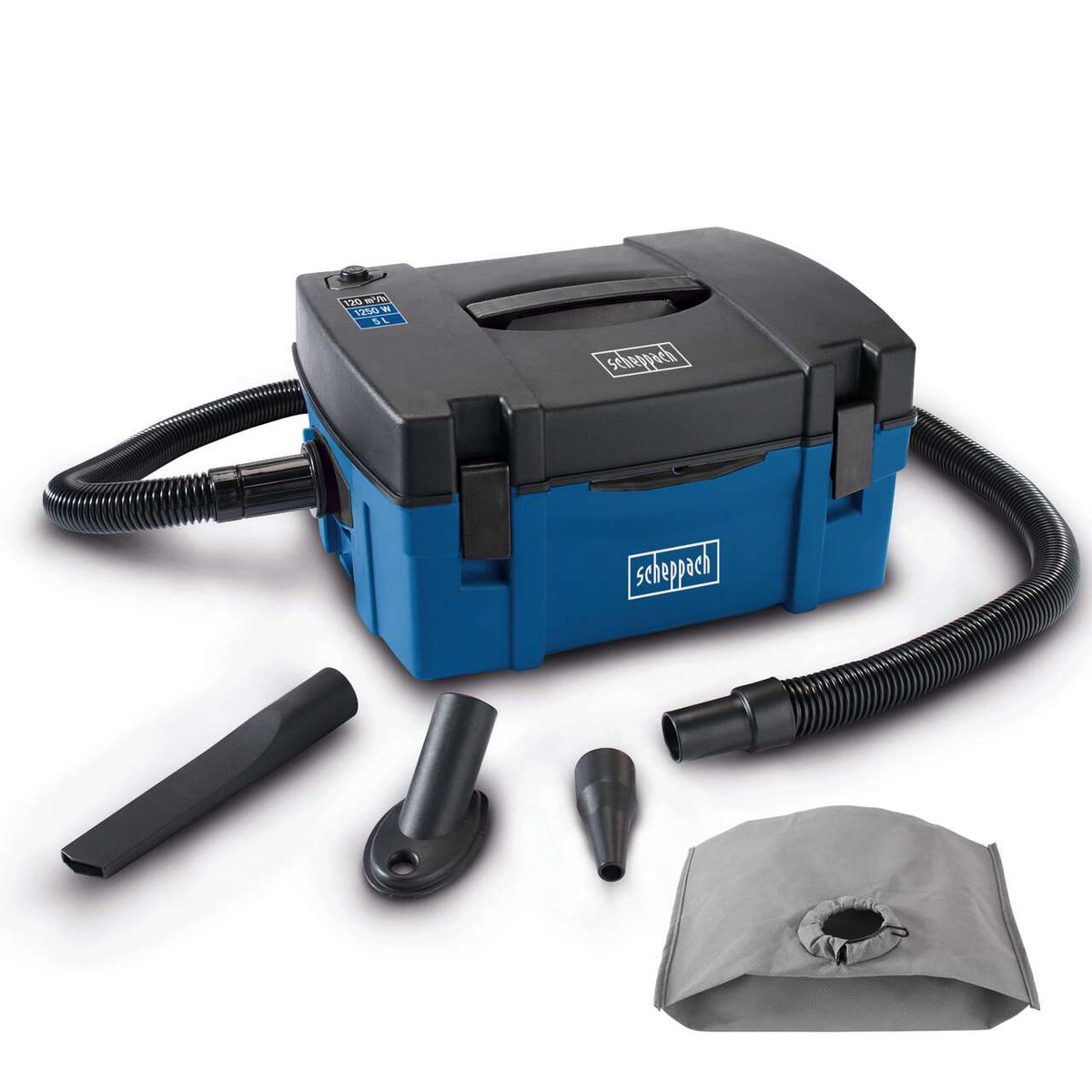 Scheppach HD2P portable vacuum set with motor unit, hoses, filter bag, and connectors