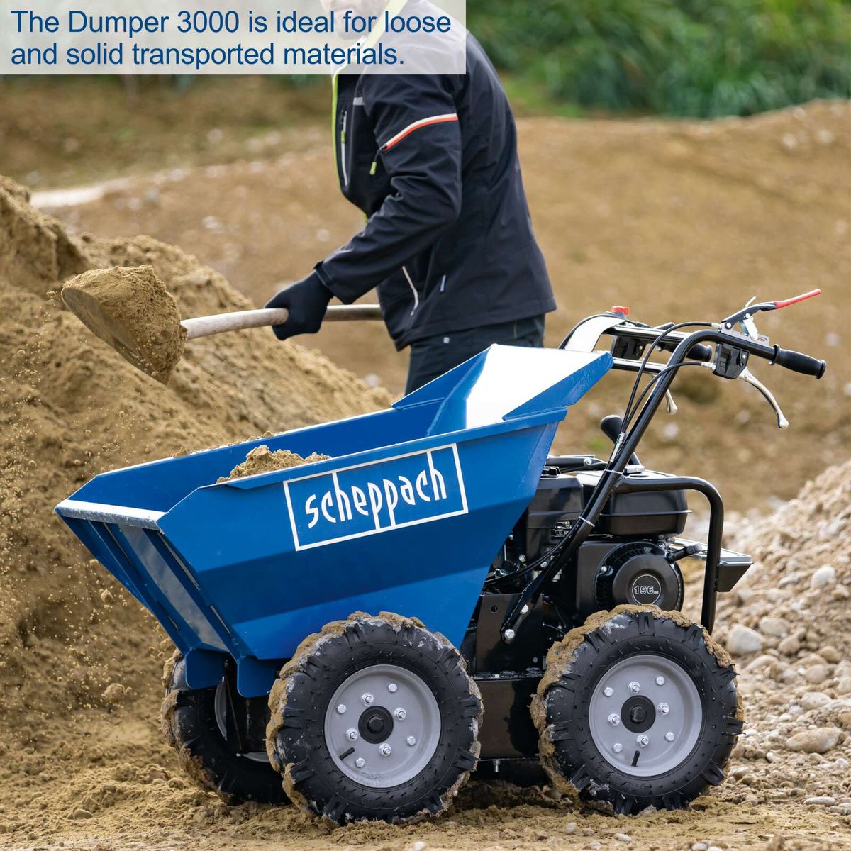 Scheppach all-terrain dumper with 3 forward and 1 reverse gears for transporting materials