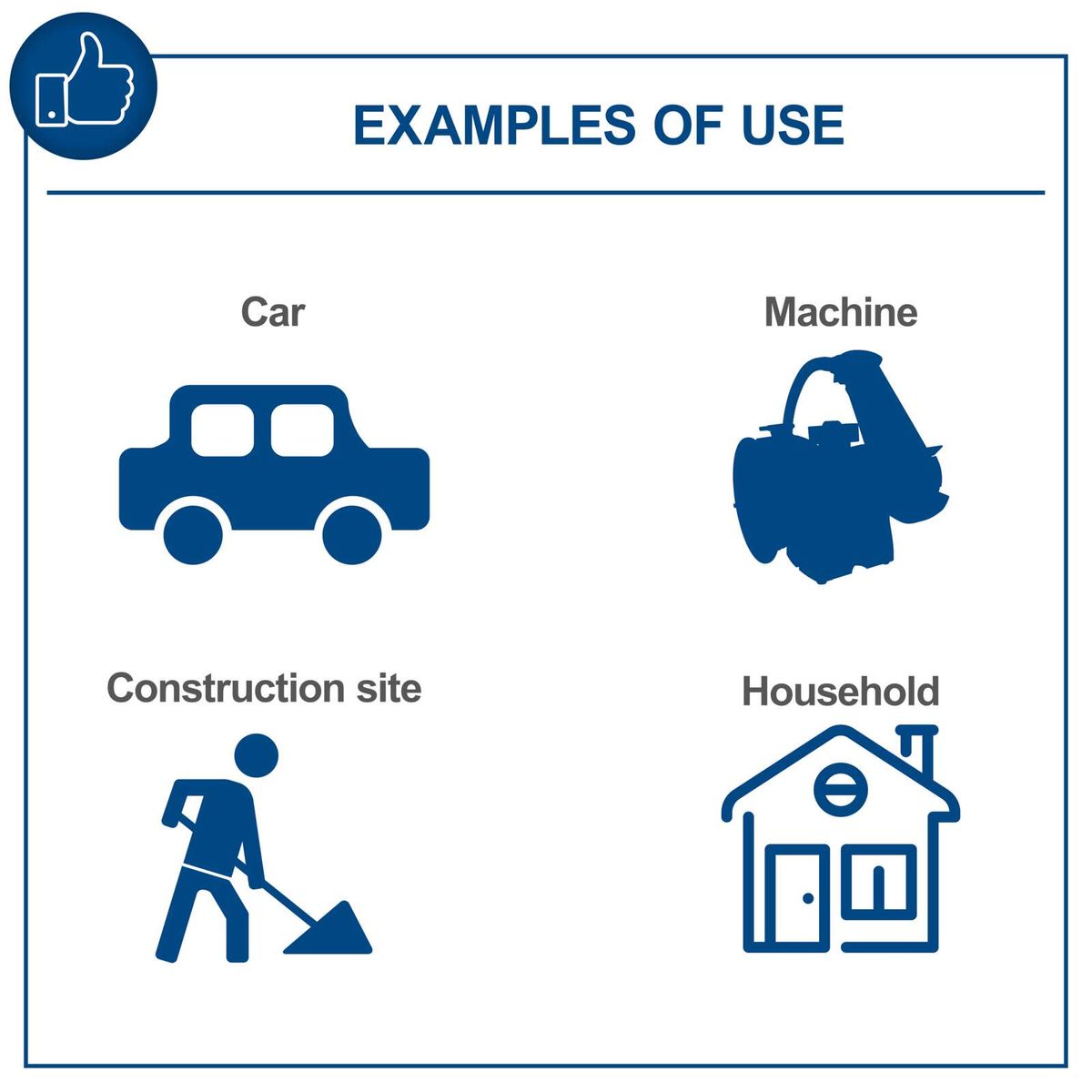 Examples of use: machines, cars, construction site, household settings