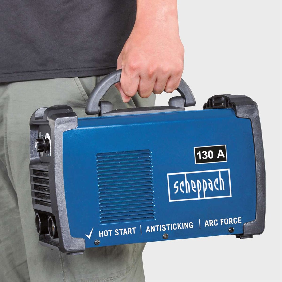 Scheppach inverter welder with 130A output, featuring hot start, antisticking and arc force technology