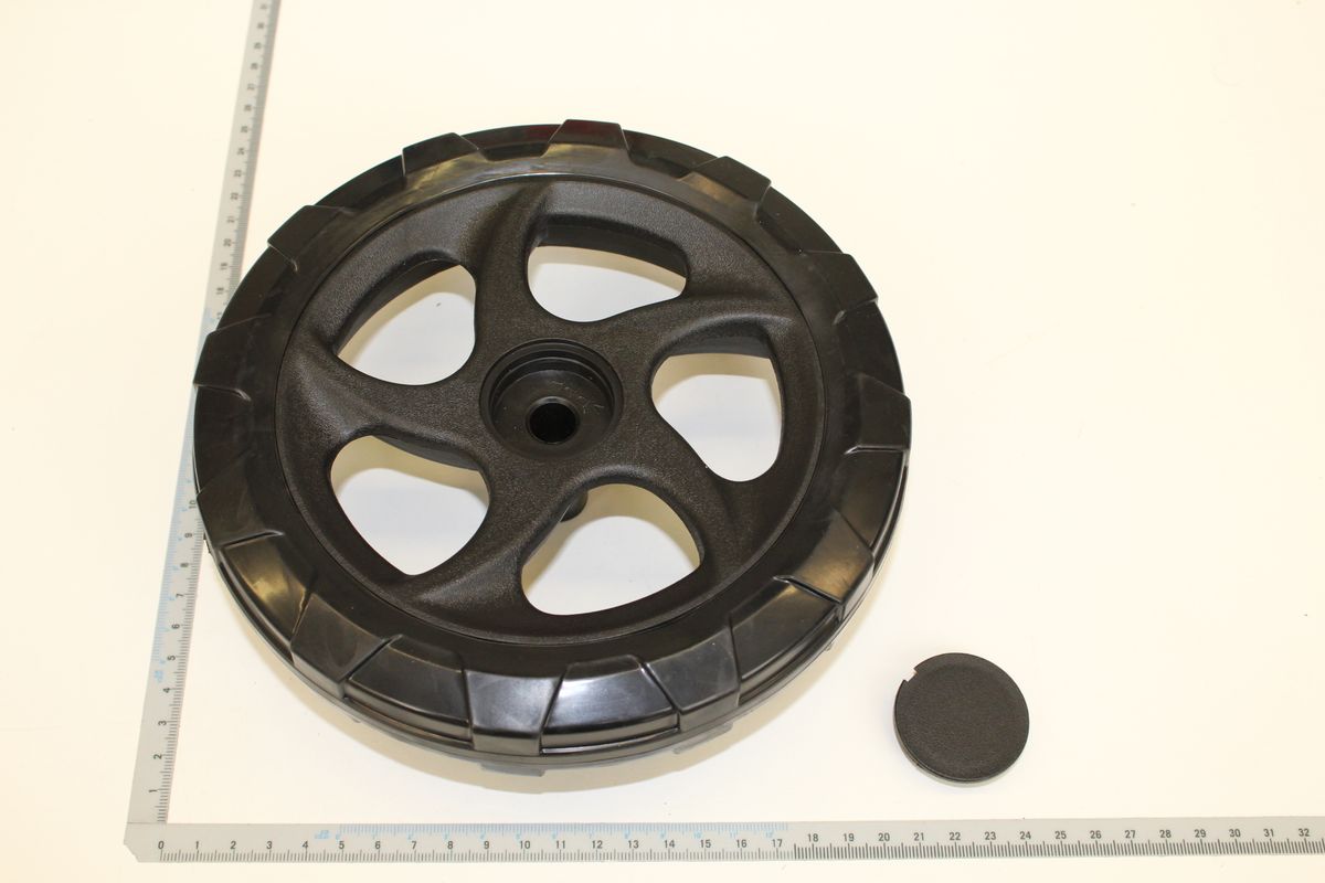 Scheppach wheel component with central gasket and drainage holes