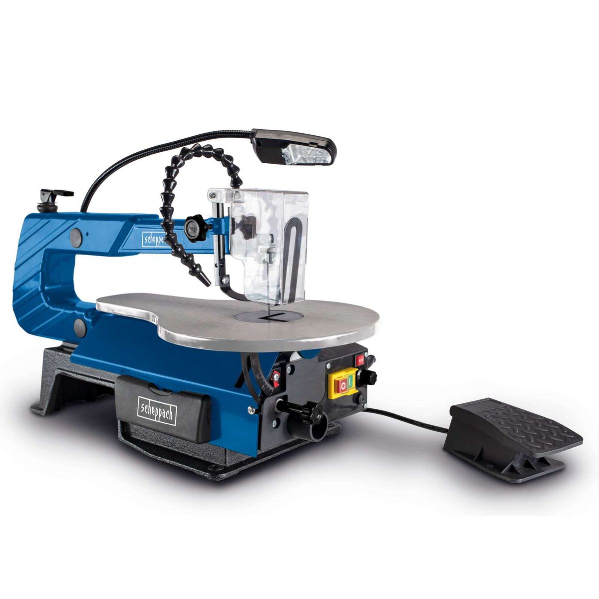 Scheppach scroll saw featuring LED light, blower nozzle and foot pedal for accurate cuts