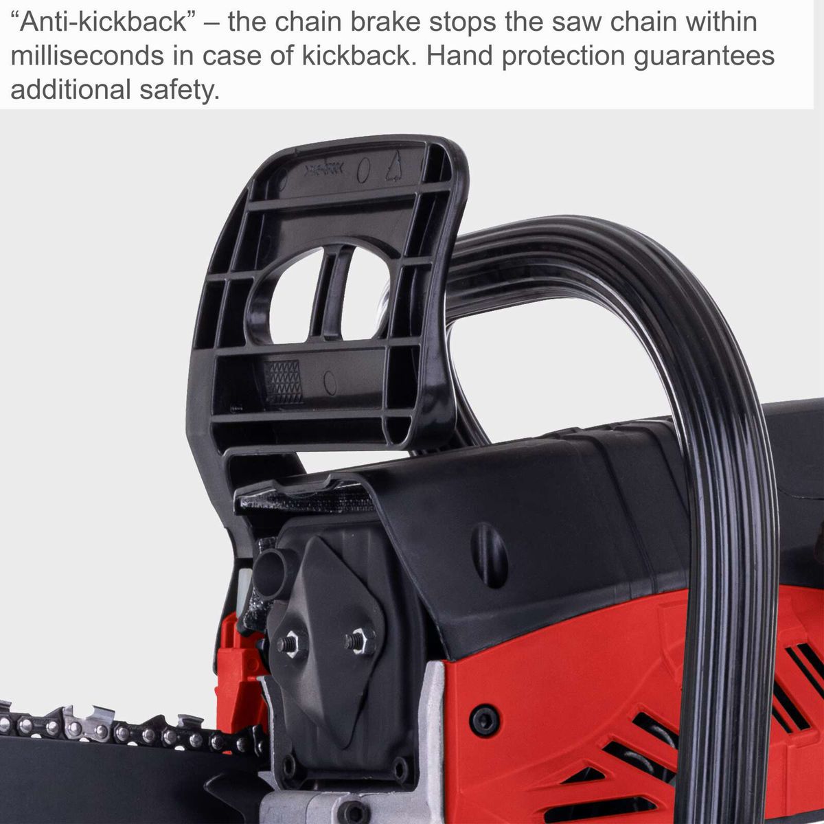 Chainsaw with anti-kickback system and hand guard for quick maintenance access