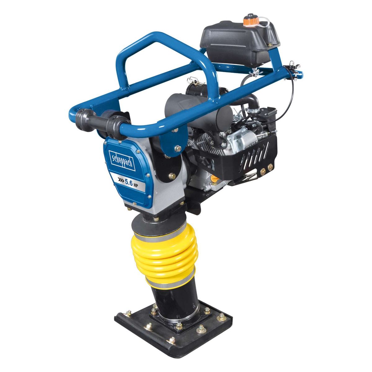 5.6PS petrol-powered vibrating tamper with transport wheels for ground compaction