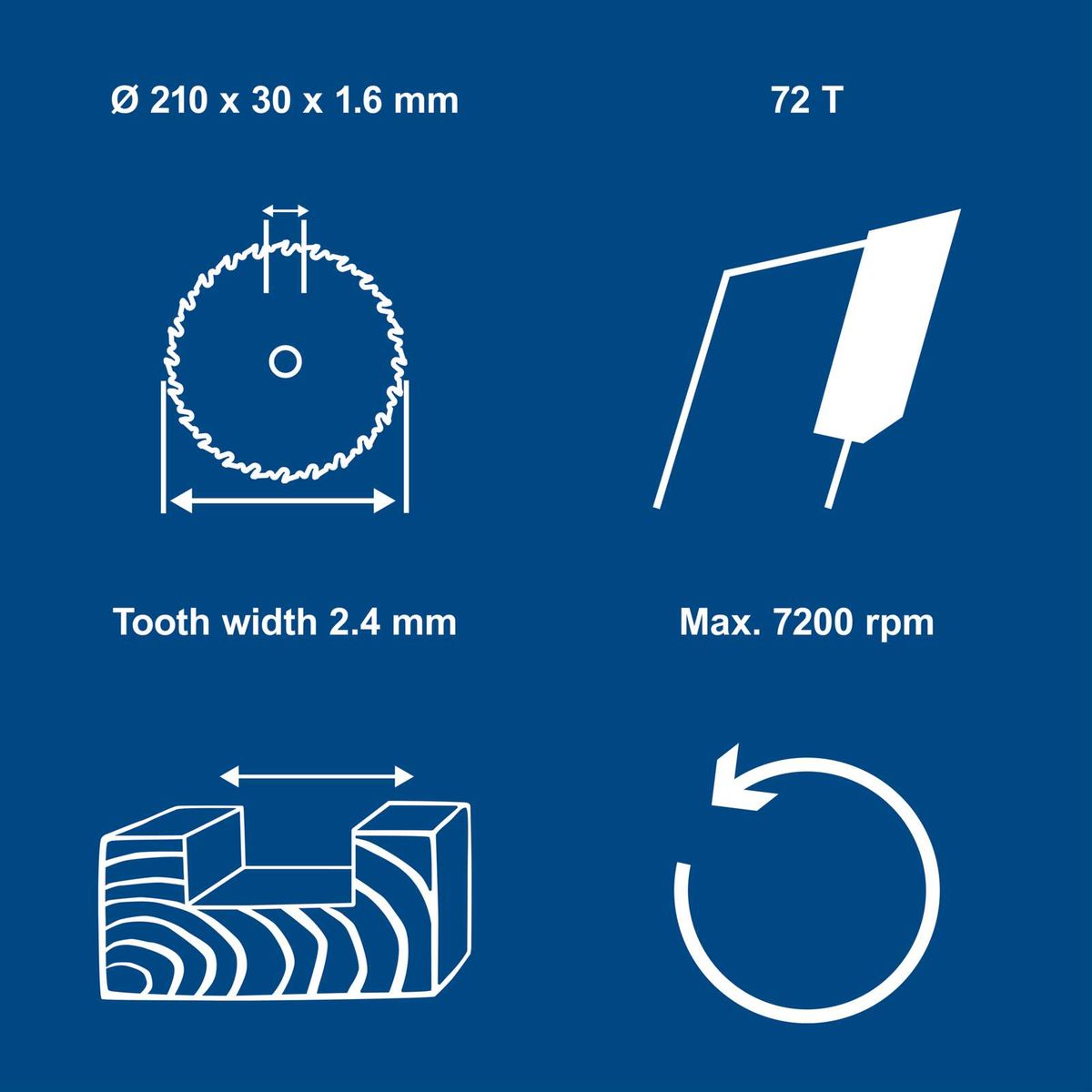 72-tooth circular saw blade, 210 mm diameter, 30 mm width, 1.6 mm thickness, 2.4 mm tooth width