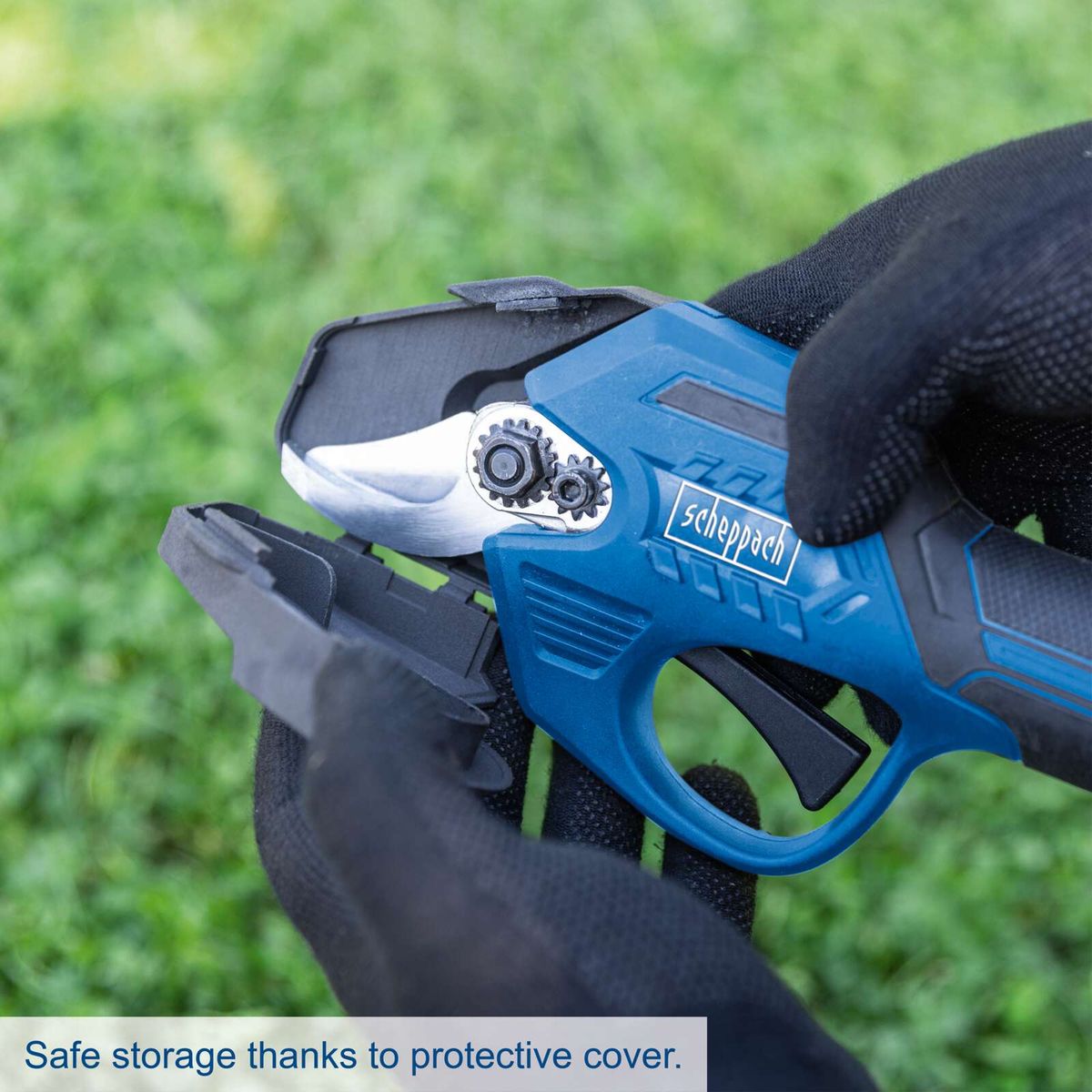 Scheppach cordless pruning shears with protective cover for safe storage