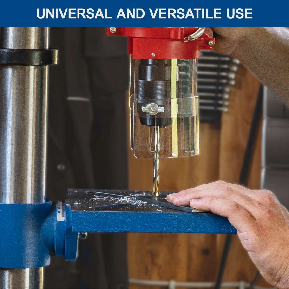 Bench pillar drill with laser guide and variable speed for accurate drilling in the work area