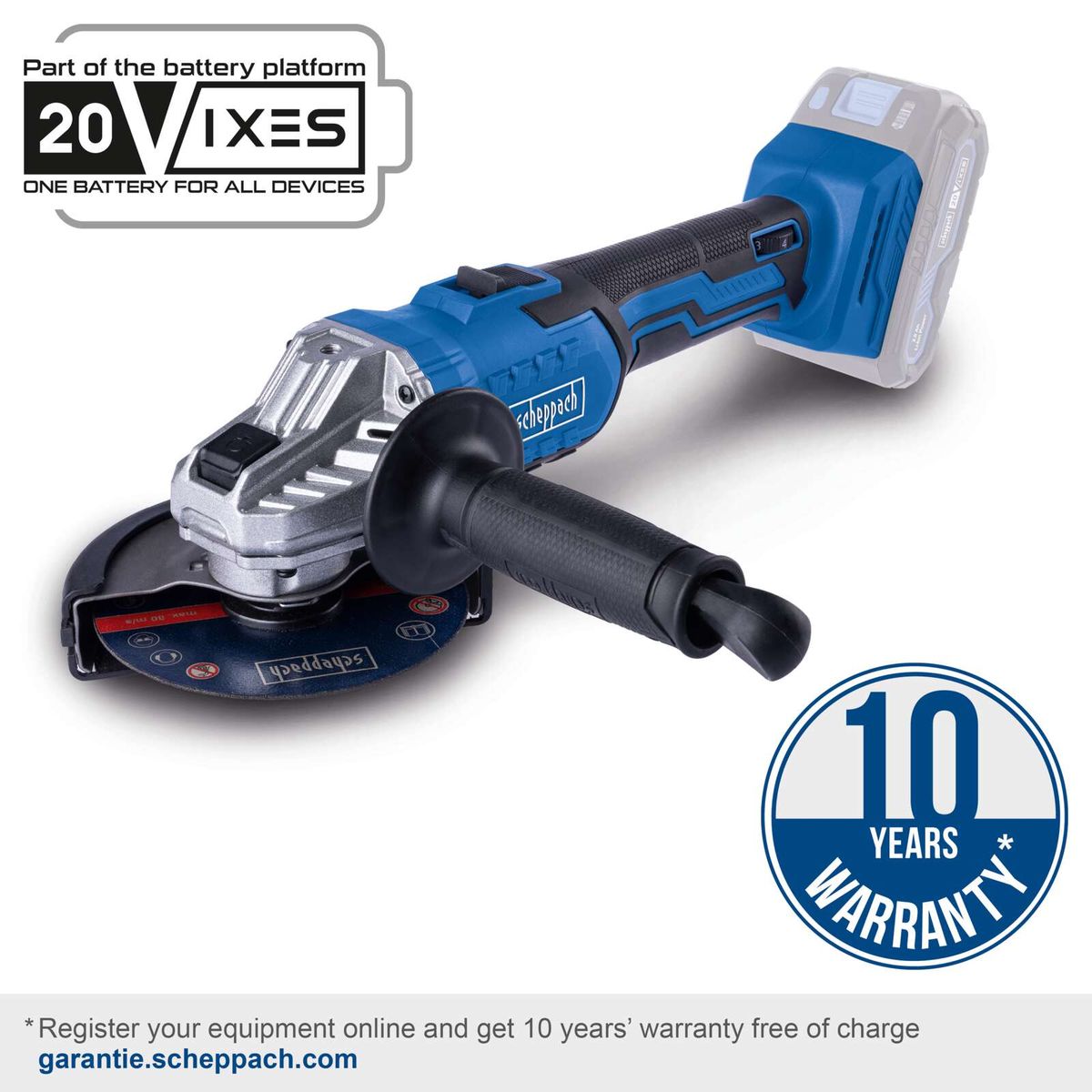 The cordless angle grinder C-AG125-X by Scheppach is part of the 20VIX-system and comes with a 10-year warranty when registered online. It features speed control from 2500-10000 min.