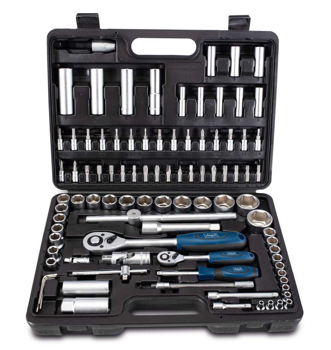 Scheppach TB94 DIY tool kit with screwdriver, pliers, and drill bit compartments