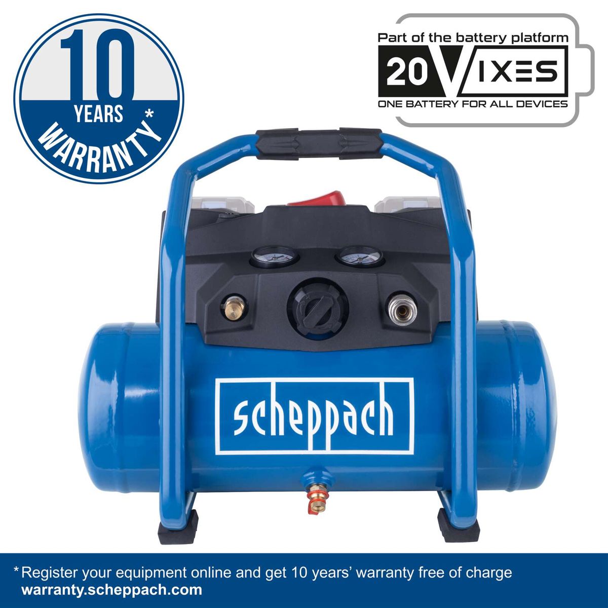 Scheppach air compressor with 10-year warranty, part of the 20Vixes battery platform, one battery for all devices