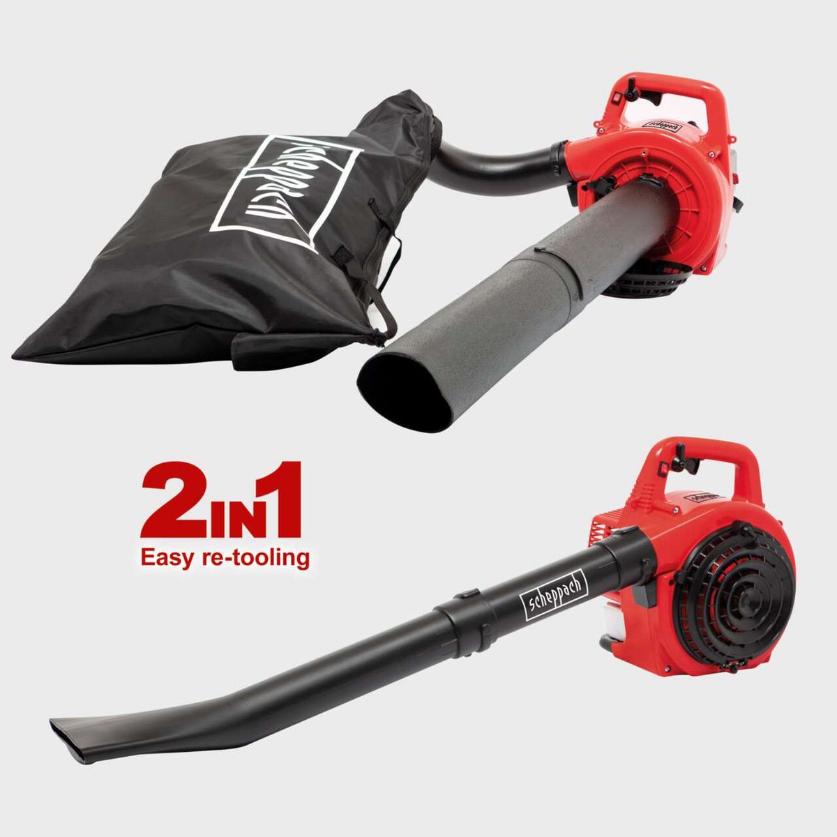 Scheppach petrol-powered leaf blower and vacuum with 2-in-1 tool kit and collection bag