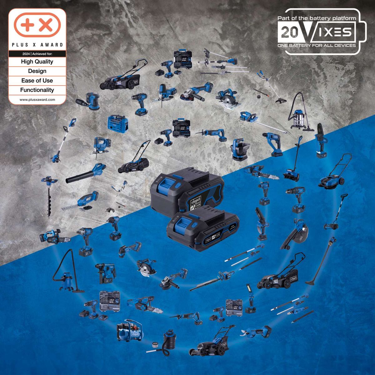 Collection of Scheppach cordless hammer drills and tools on a battery platform, featuring the C-RHD130-X series with SDS-Plus compatibility and integrated LED lighting for enhanced precision.