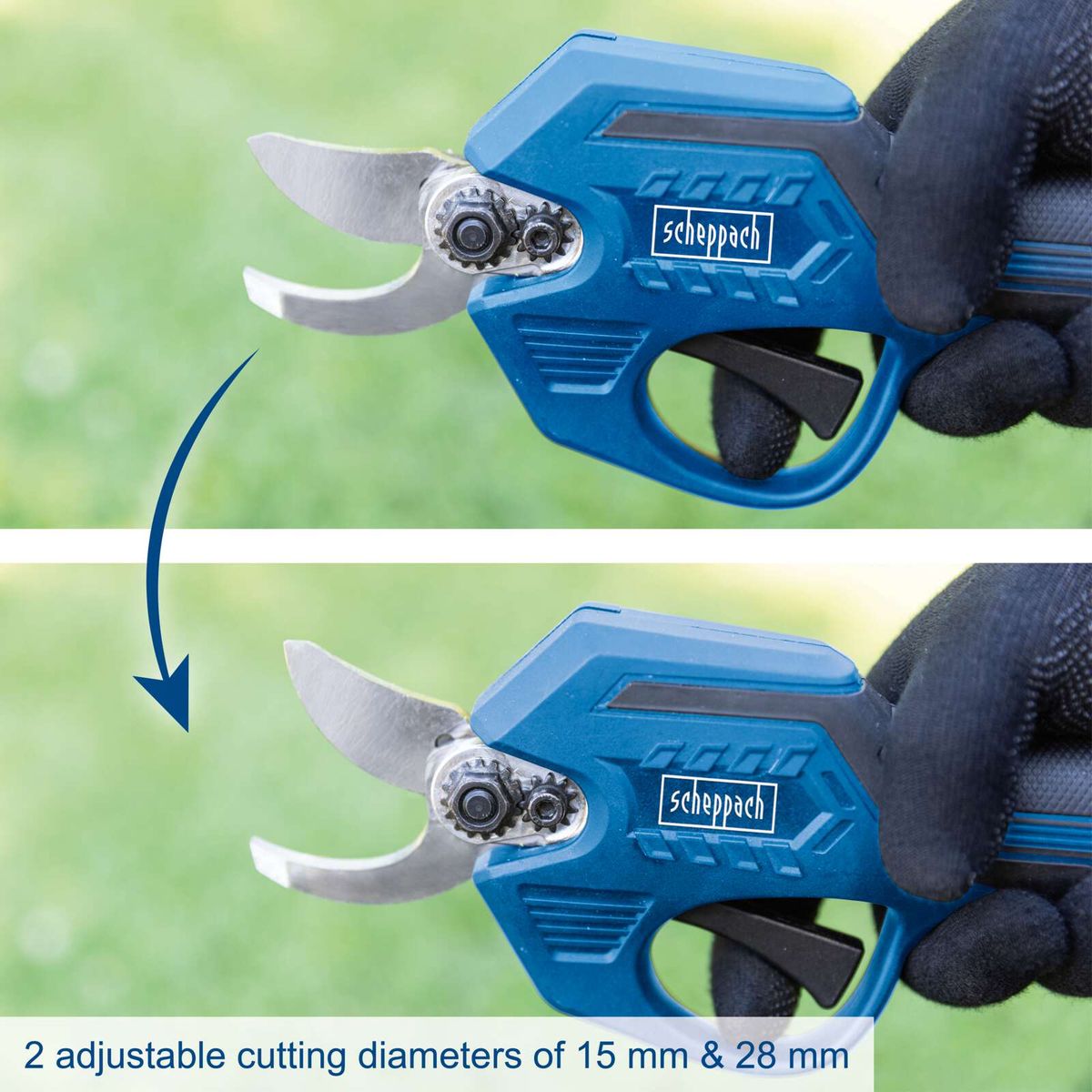 Scheppach cordless pruning shears featuring two adjustable cutting diameters (15 mm & 28 mm)