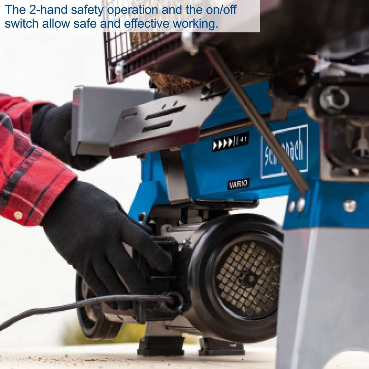 Horizontal log splitter featuring dual-hand operation and on/off safety switch for safe use