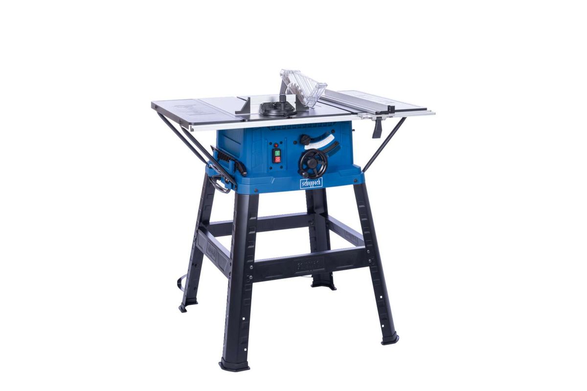 Scheppach table saw with worktop and stand, viewed from the front