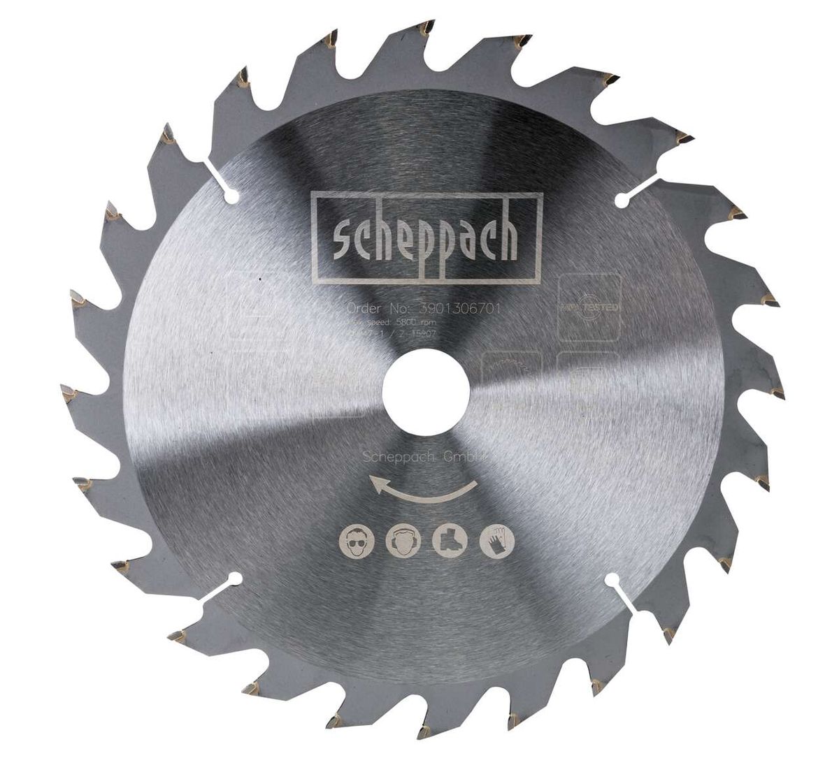Scheppach circular saw blade with 24 teeth, 250 mm diameter, featuring order number and safety icons