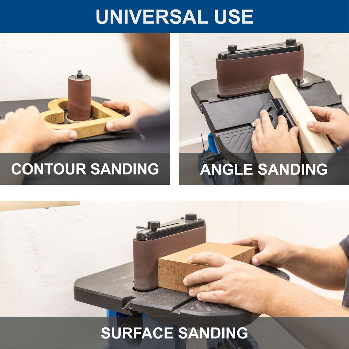 Scheppach oscillating tool showing contour, belt, and spindle sanding techniques
