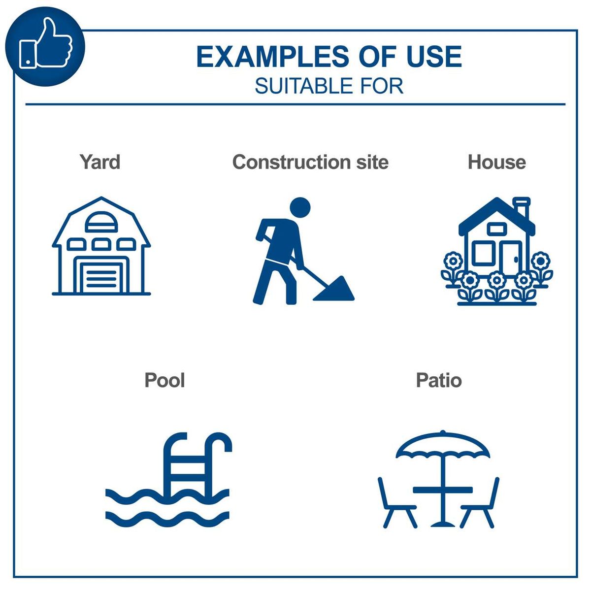 Examples of use: Yard, construction site, house, pool, patio with related settings