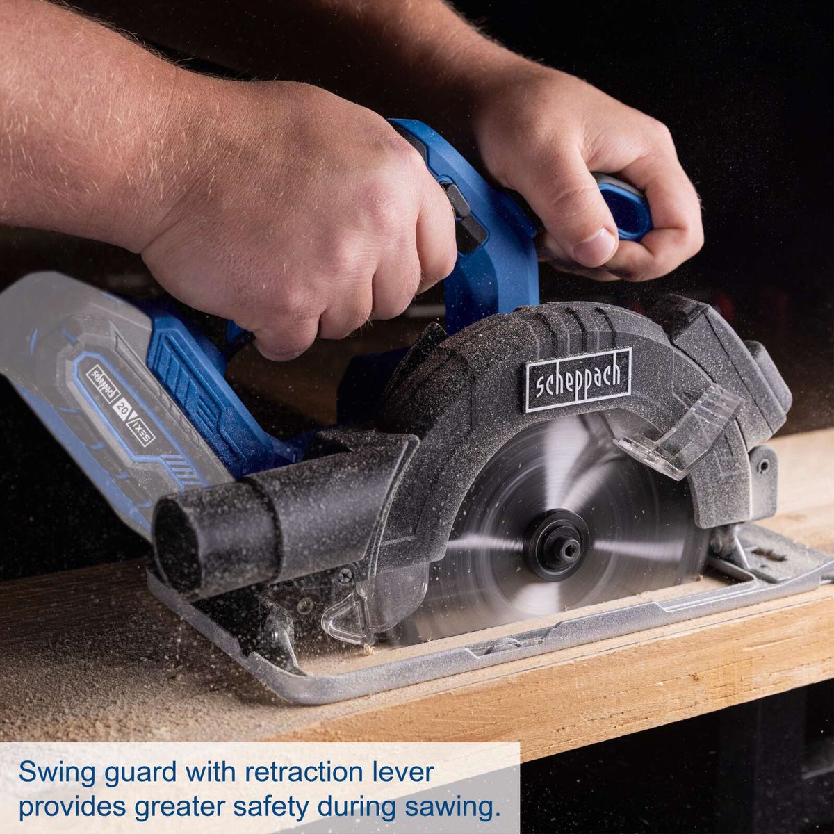 Scheppach cordless circular saw featuring a swing guard with retraction lever for enhanced safety during cutting