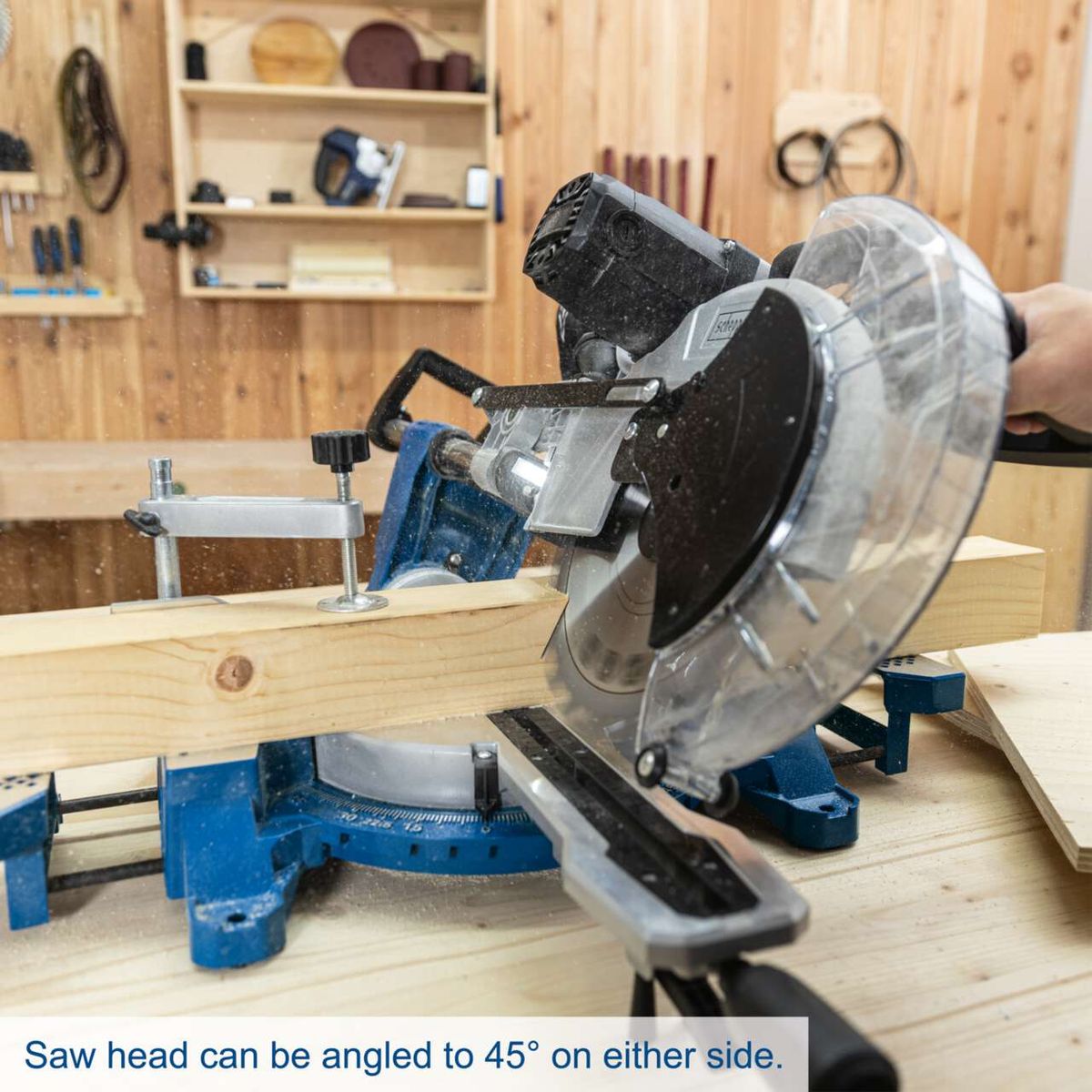 Scheppach sliding mitre saw with 45° angle adjustment on both sides of the blade