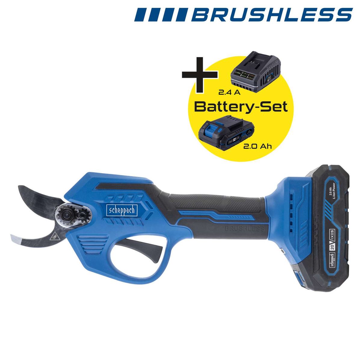Brushless cordless pruning shear with 28 mm blade, featuring 20V battery and charger set