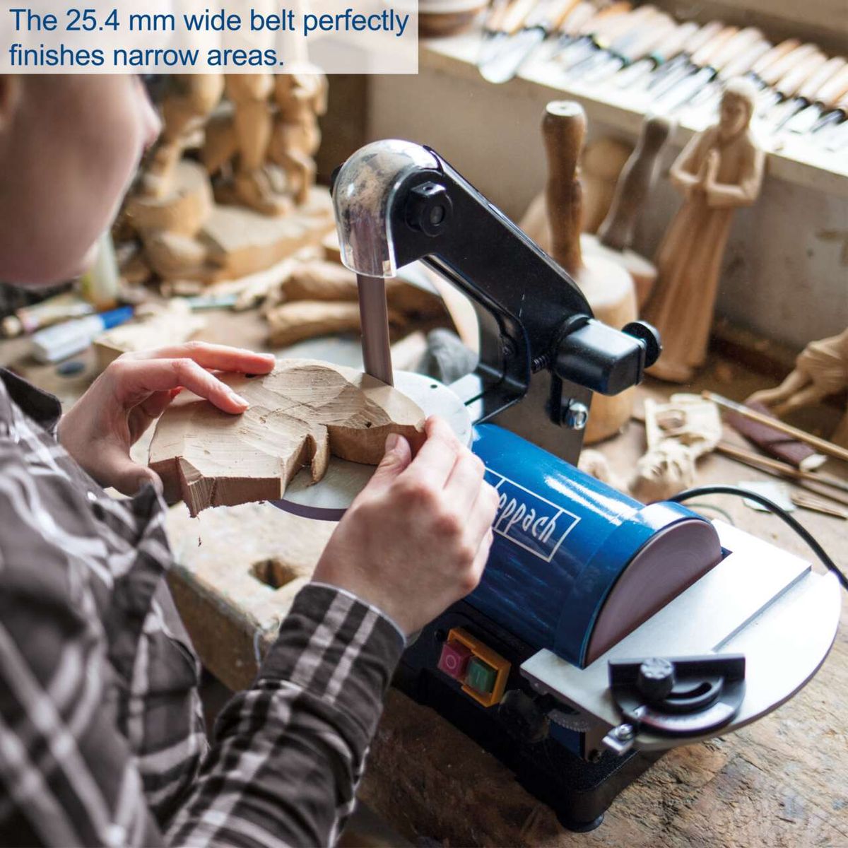 Belt sander with 25.4 mm wide belt for finishing narrow areas precisely