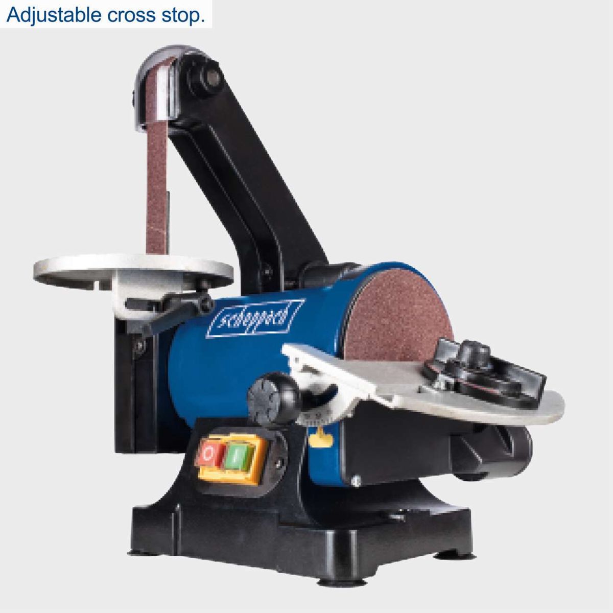 Scheppach belt and disc sander with adjustable cross stop, 762 mm belt length
