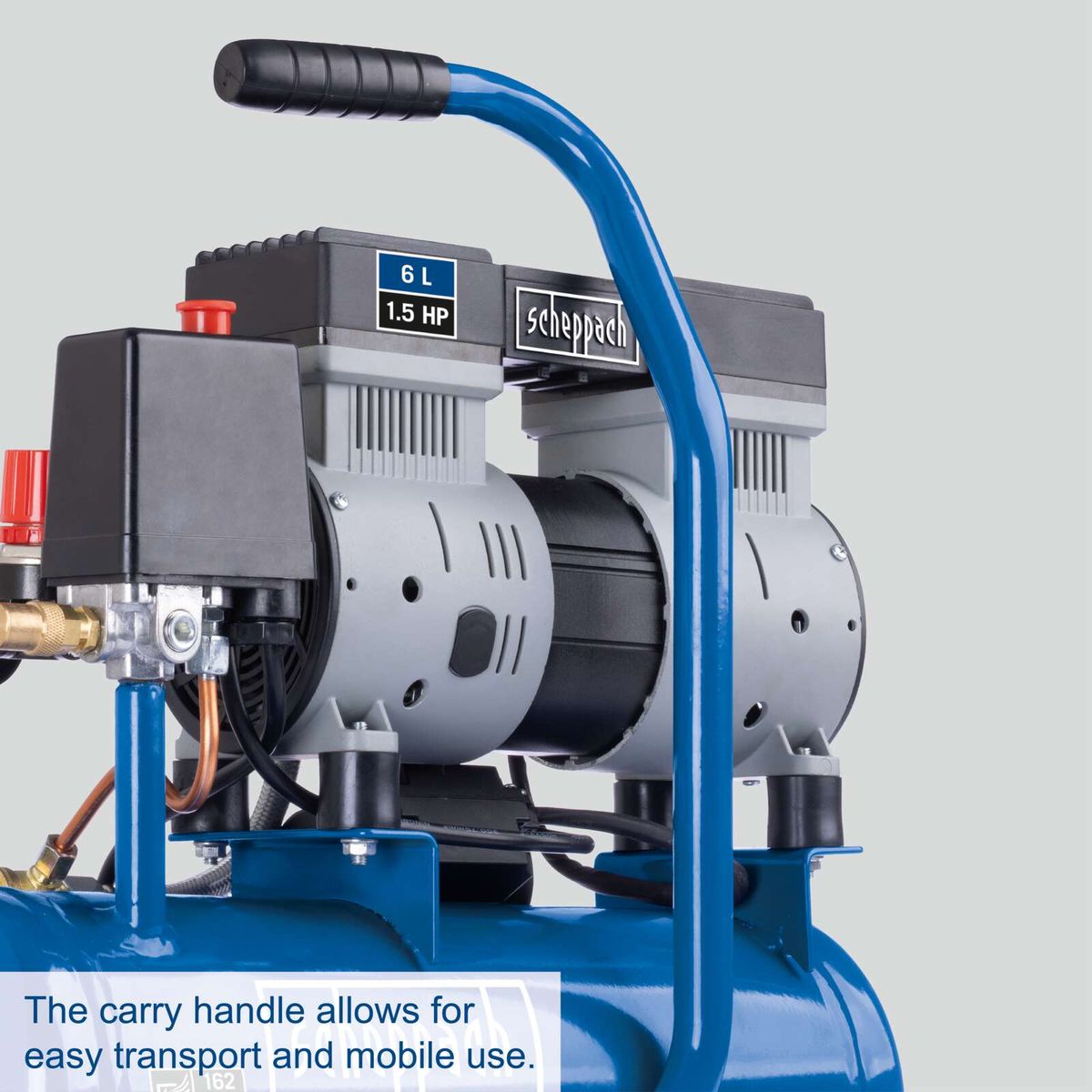 Scheppach air compressor with carry handle for easy transport and mobility
