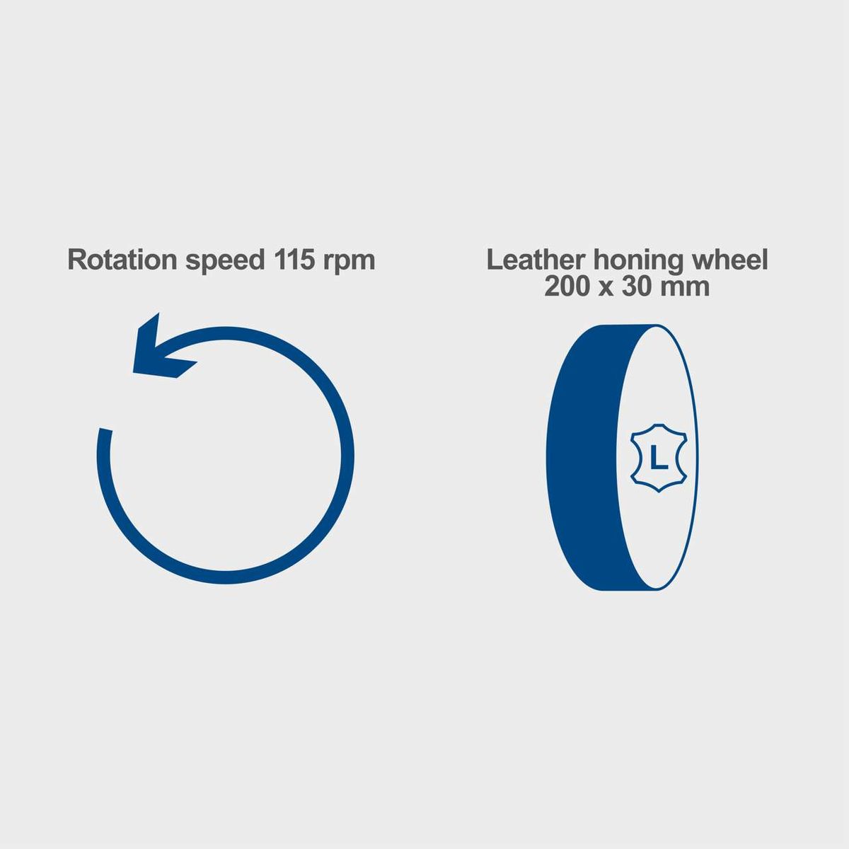 Leather honing wheel (200 x 30 mm) with a rotation speed of 115 rpm