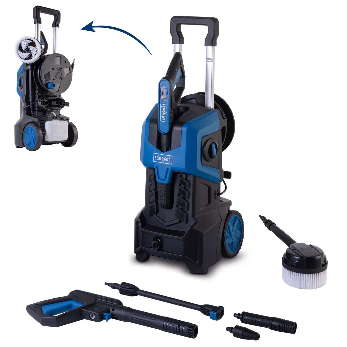 High-pressure cleaner with wheels, including various nozzles and brush attachments, with flexible hose and anti-twist mechanism