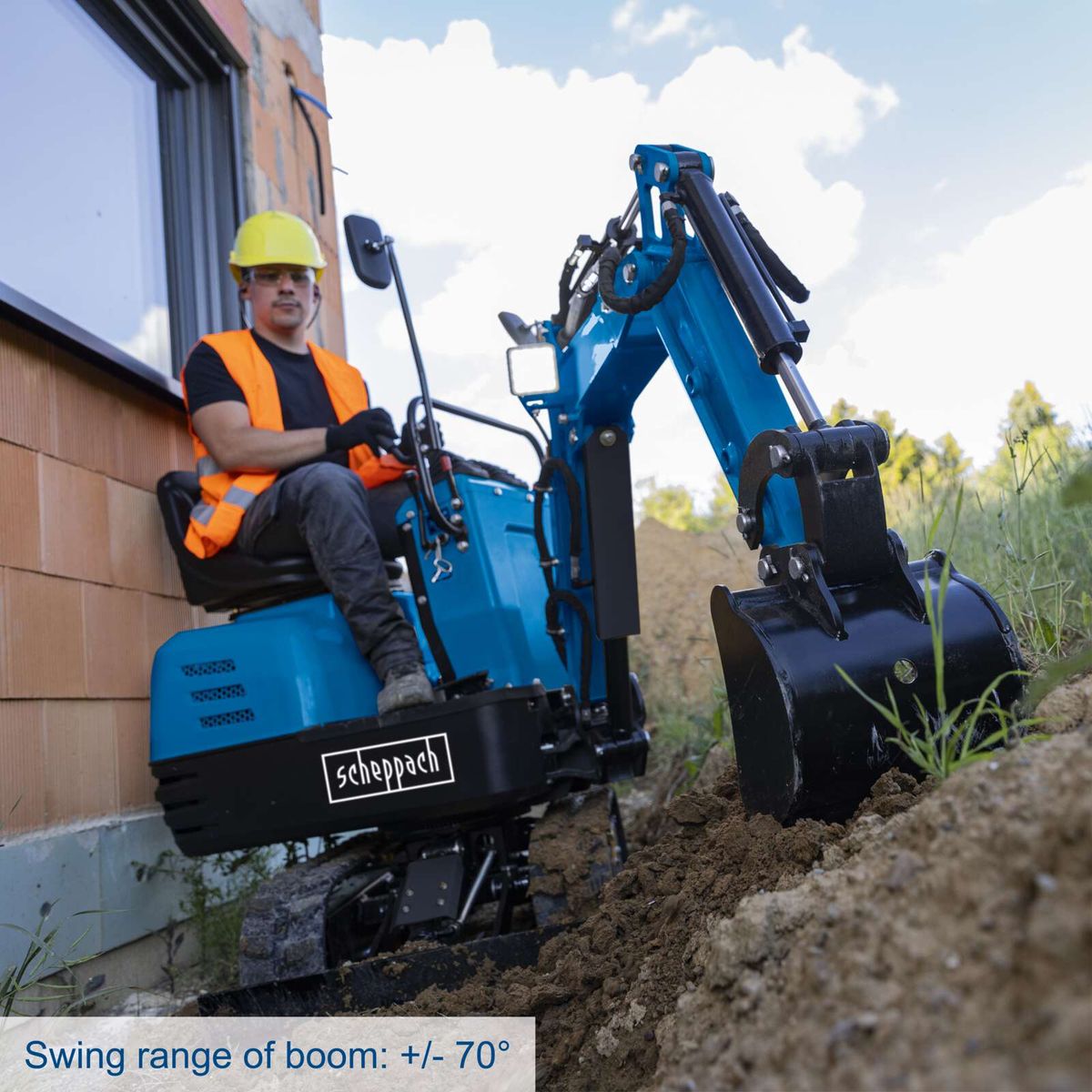 Mini excavator with ±70° boom swing range for accurate digging operations