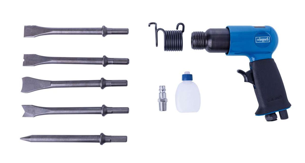Scheppach compressed air chisel hammer accessory set with various chisel attachments