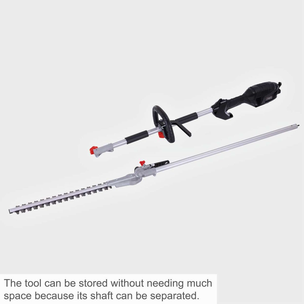 Electric telescopic hedge trimmer with detachable shaft for compact storage