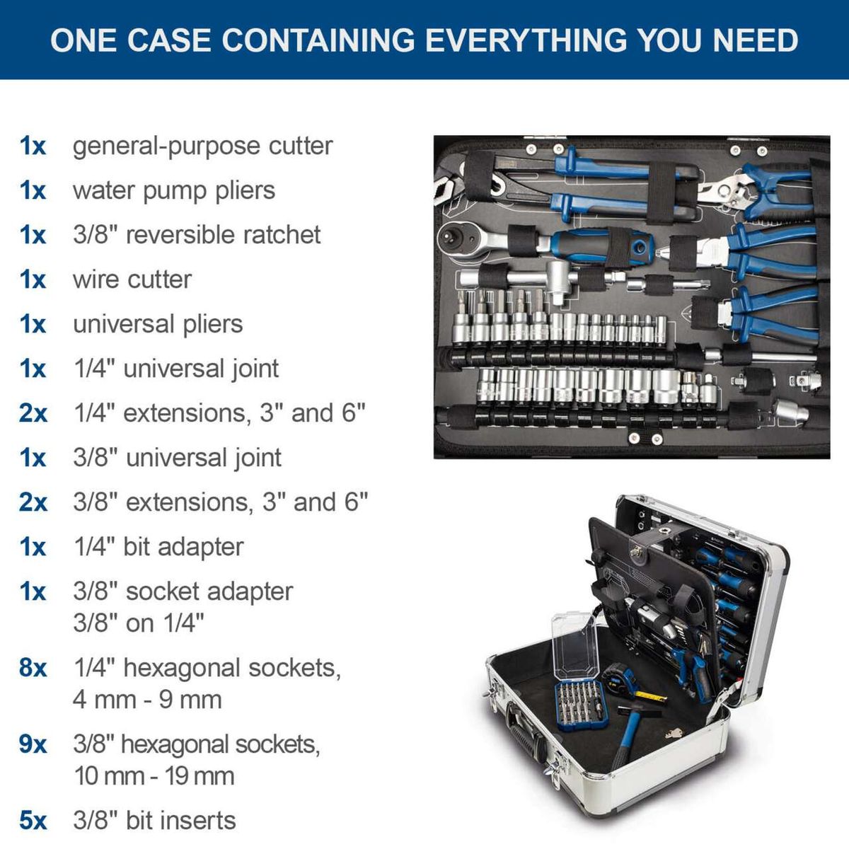 TB150 tool kit case showing comprehensive list of 101 included tools and accessories