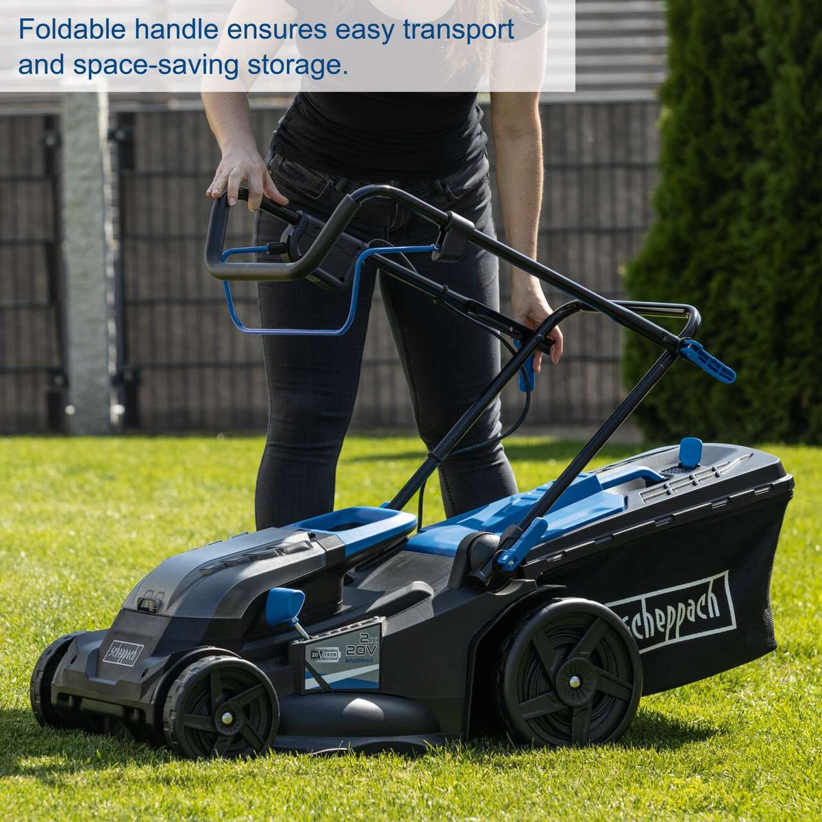 Scheppach battery-powered lawnmower with foldable handle for easy transport and storage