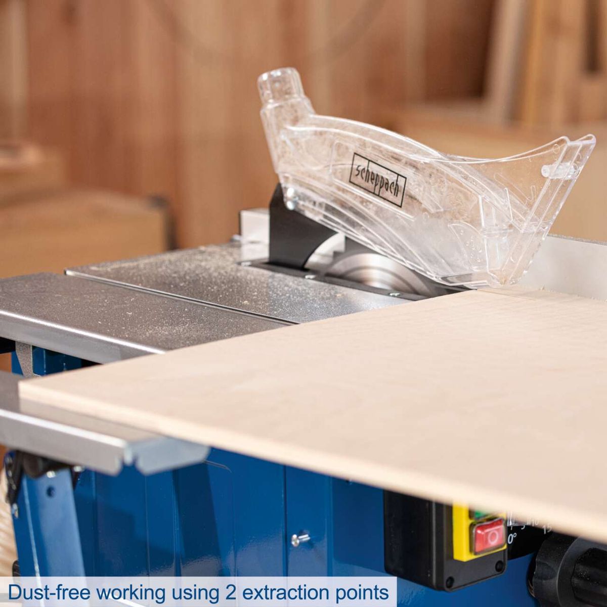Scheppach table saw featuring a built-in dust collection bag for dust-free operation with two extraction points