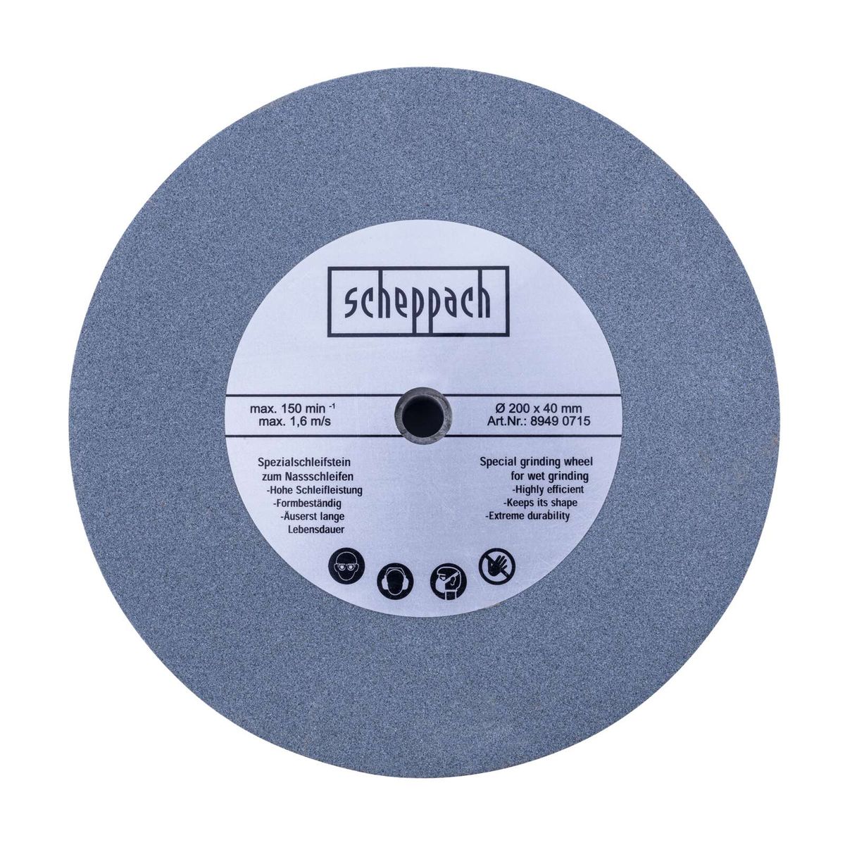 Scheppach wet grinding wheel with performance specs and safety icons