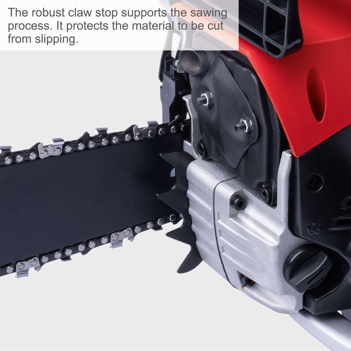 Robust claw stop supporting the sawing process, protecting the material from slipping