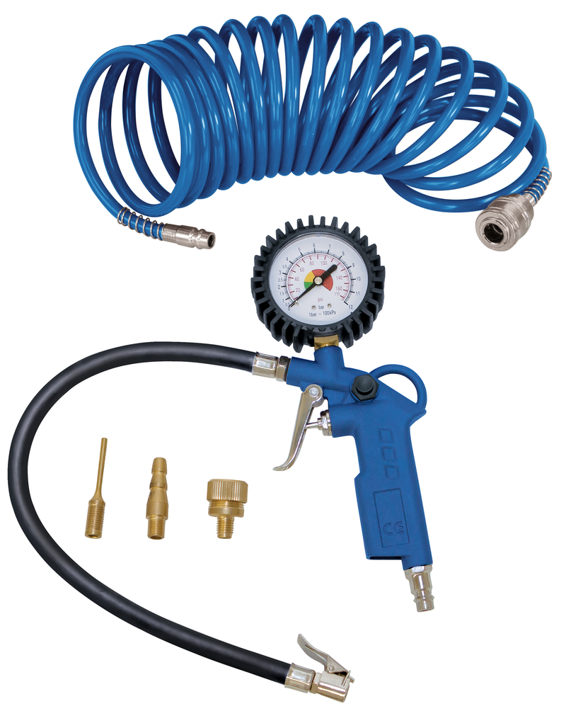 Scheppach compressed air accessory set with hose, pressure gauge, hand pump, and connectors