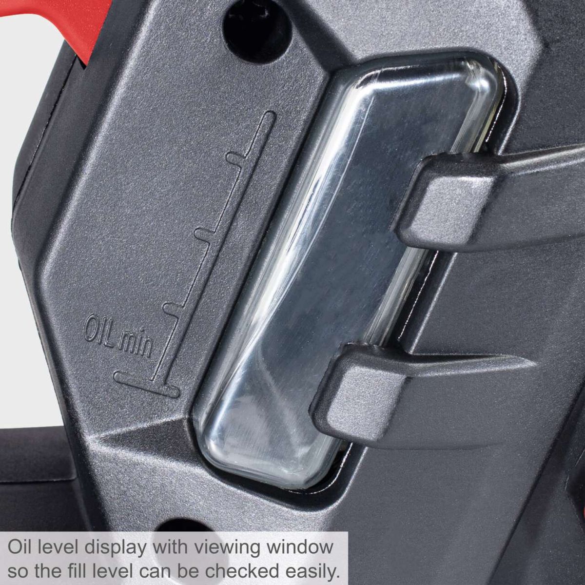 Oil level display with viewing window for easy oil fill check on the Scheppach electric chainsaw