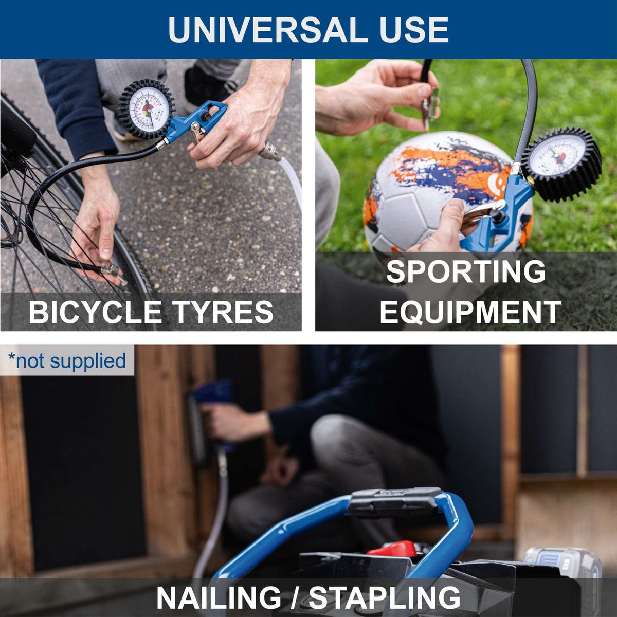 Portable air compressor showing tyre inflation, sports equipment and stapling applications with accessory set