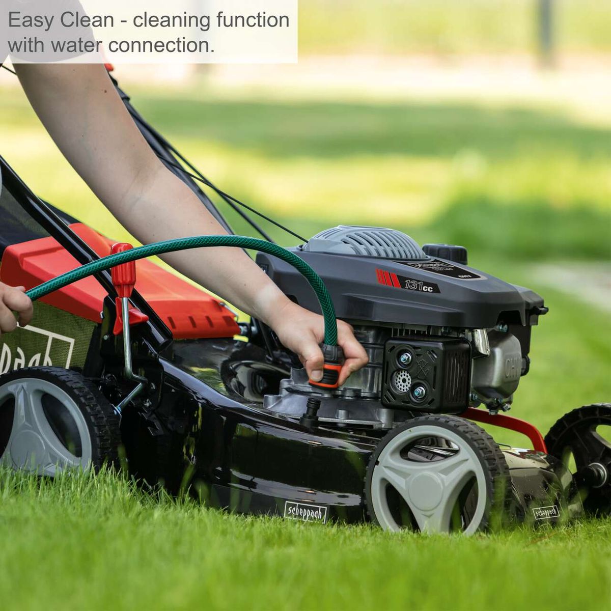 Scheppach petrol lawn mower with water connection for easy cleaning, 42 cm cutting width