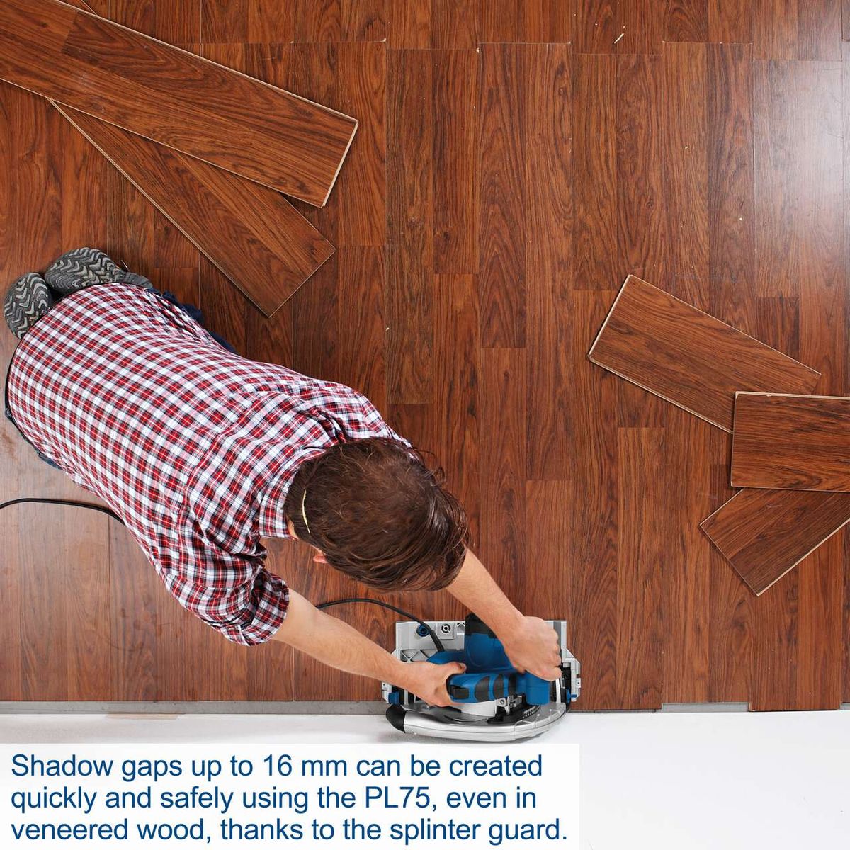 Scheppach PL75 plunge saw with splinter guard for veneer wood, creating up to 16 mm gaps quickly