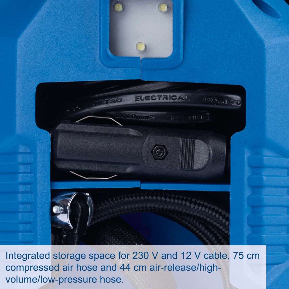 Storage for 230V and 12V cables (75 cm compressed air hose and 44 cm air-release hose)