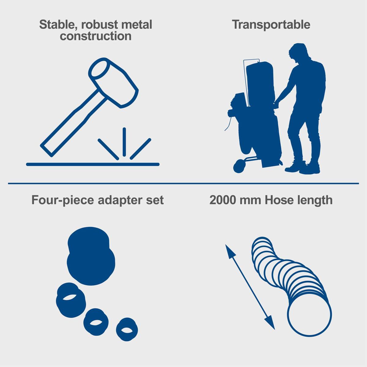 Robust metal frame with four-piece adapter set for flexible connections, portable design featuring a 2000 mm hose length