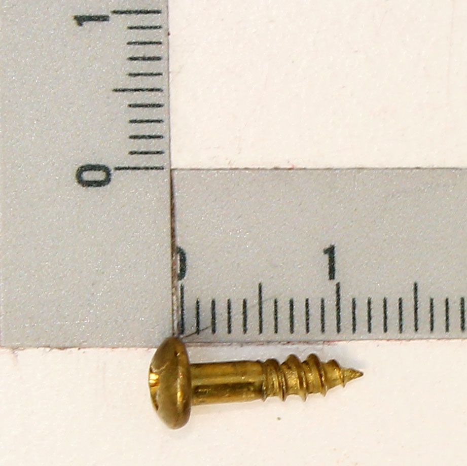 Brass screw with thread, approximately 3.5 mm diameter, 16 mm long
