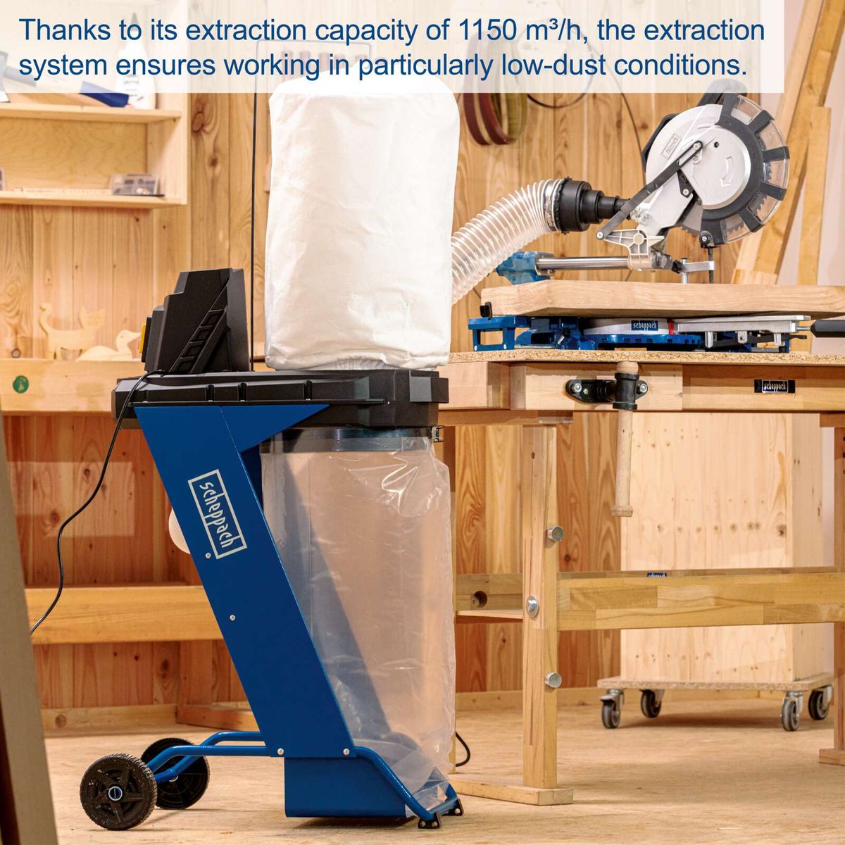 Dust extractor with 1150 m³/h airflow and 75L bag, featuring a 4-piece adapter set
