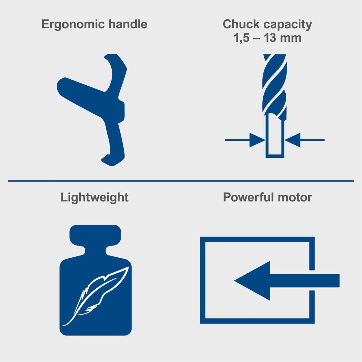 Ergonomic handle, adjustable chuck 1.5–13 mm, lightweight design, powerful motor