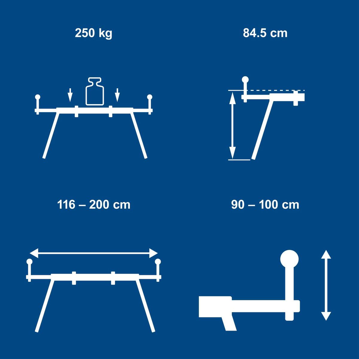 Stand dimensions: height 84.5 cm, adjustable width 116–200 cm, max load capacity 250 kg